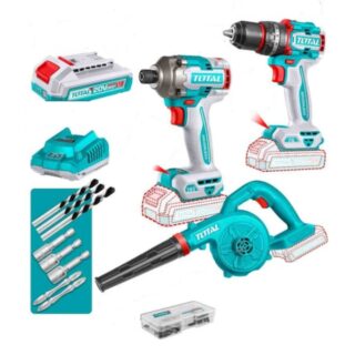 Kit 20vtaladro Percutor 76Nm más Atornillador 285Nm y soplador Total