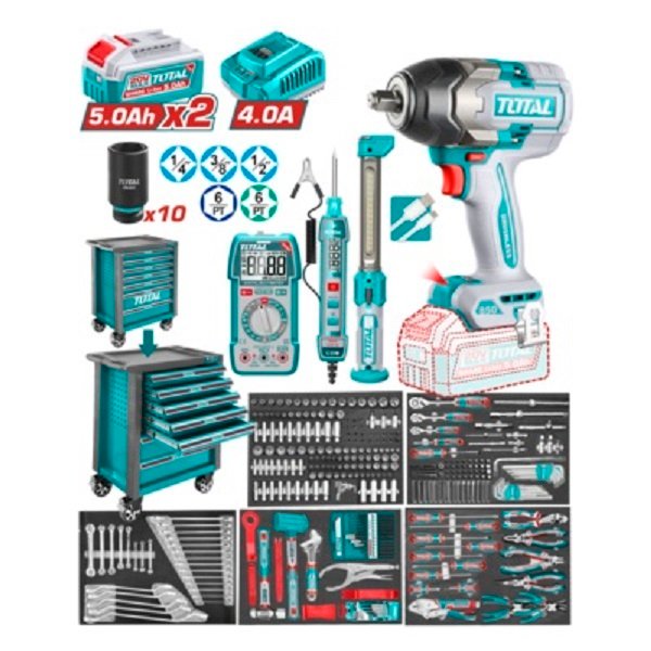 Juego de gabinete con herramientas 369 pcs mas Llave de impacto 850 Nm Total